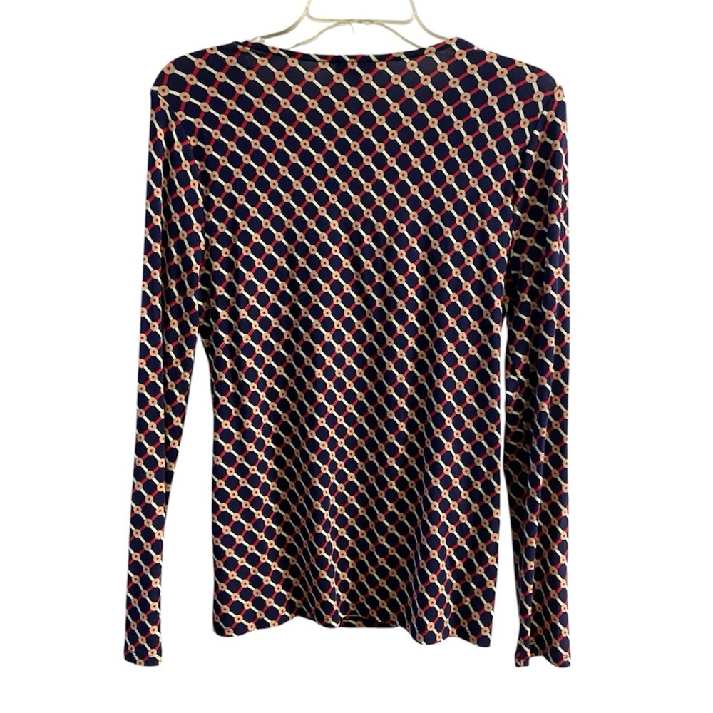 Talbots navy red trellis dot print surplice long sleeve blouse Large petite NWT - Picture 3 of 8